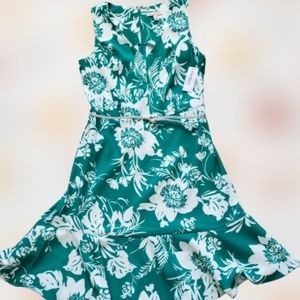 Dressbarn floral sleeveless v neck fit & flare dress, 10, green/ white